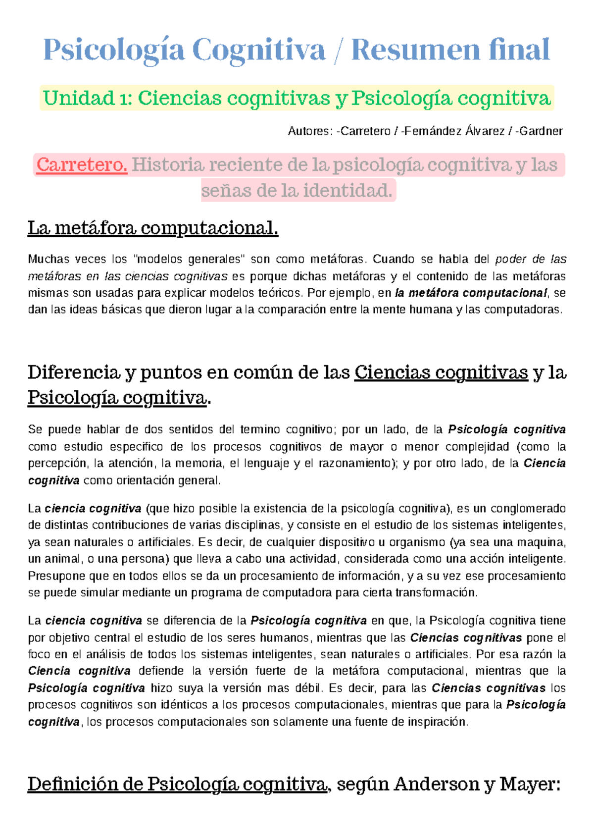 Resumen cognitiva unidad 1 y 2 completo - Psicología Cognitiva ...