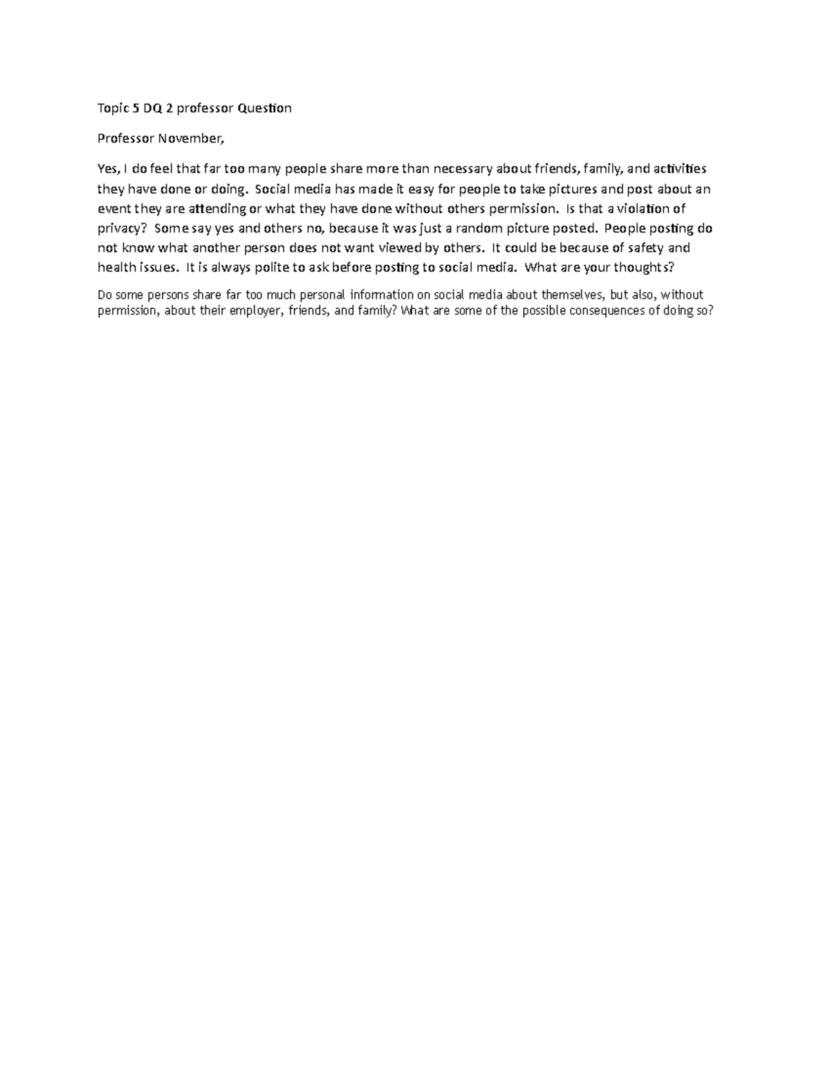 Topic 5 Discussion Question 2 professor Question - Topic 5 DQ 2 ...