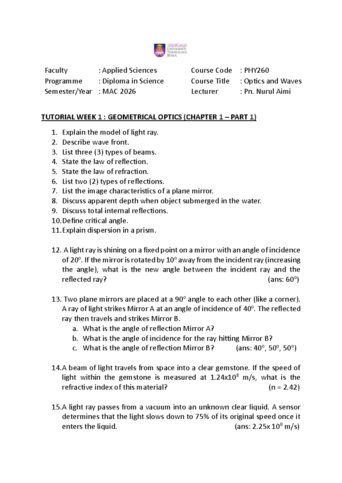 PHY260 Tutorial Week 1: Geometrical Optics Concepts and Problems - Studocu