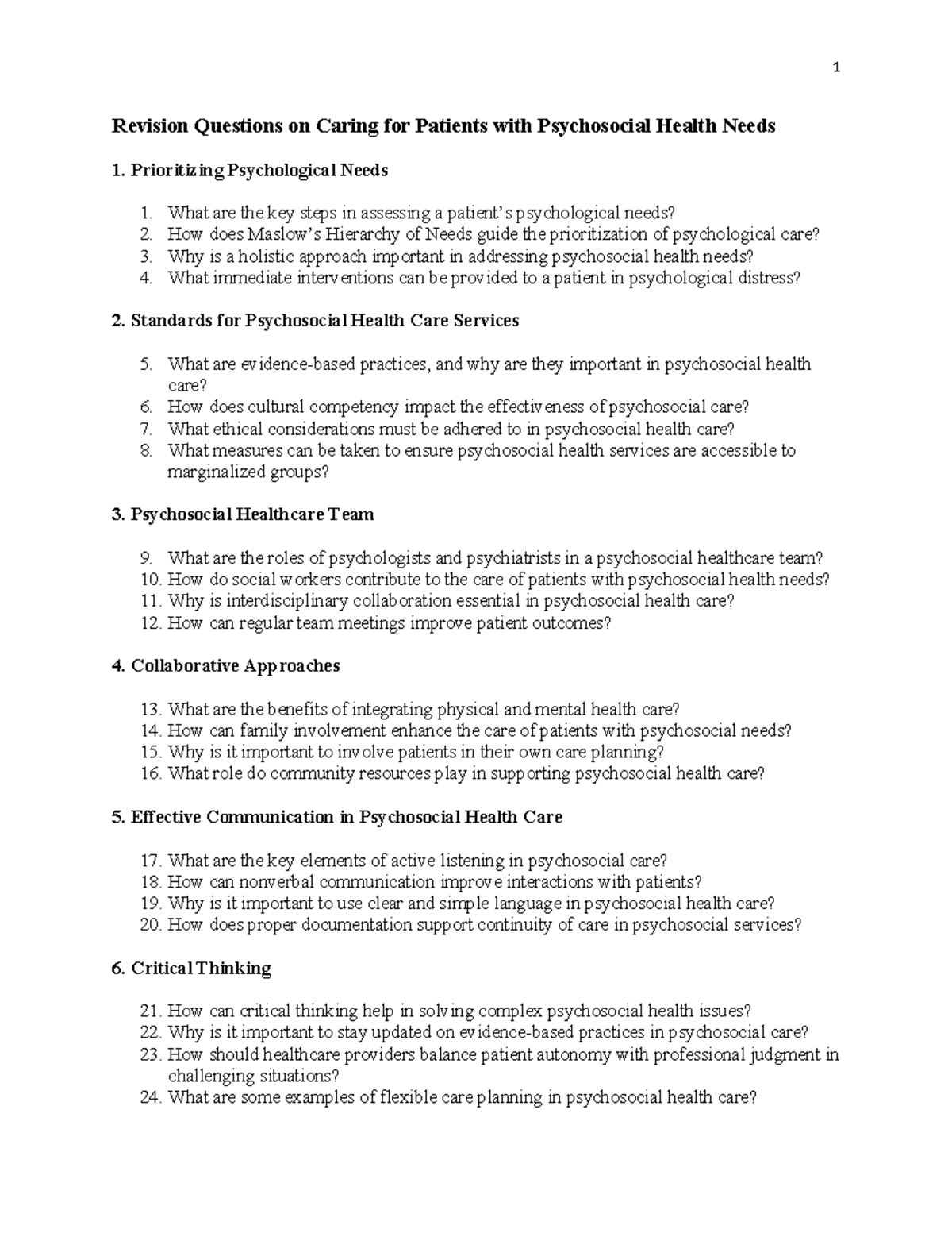 Revision Questions on Caring for Patients with Psychosocial Health ...