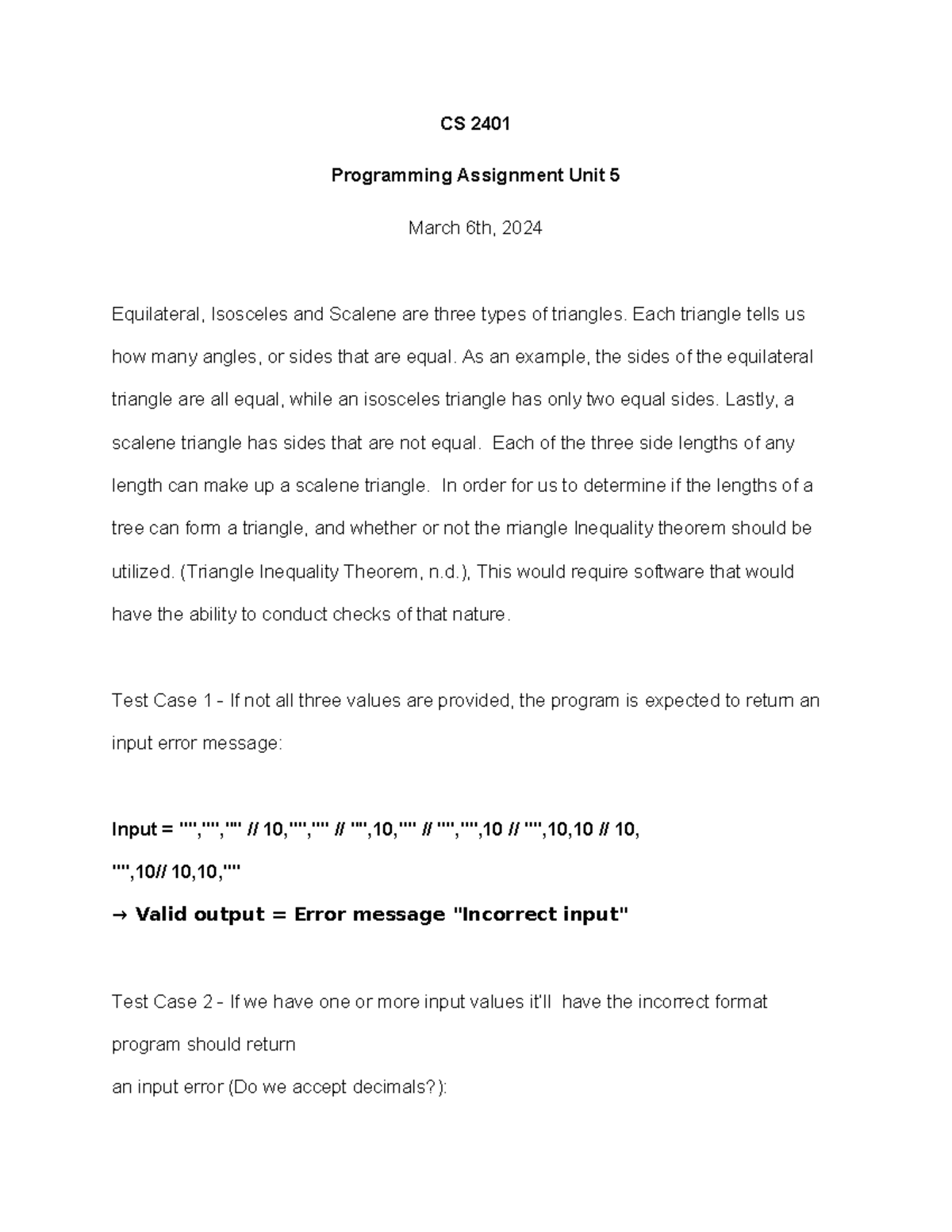 CS 2401 Assignment 5 - Triangle Classification Program Details - Studocu