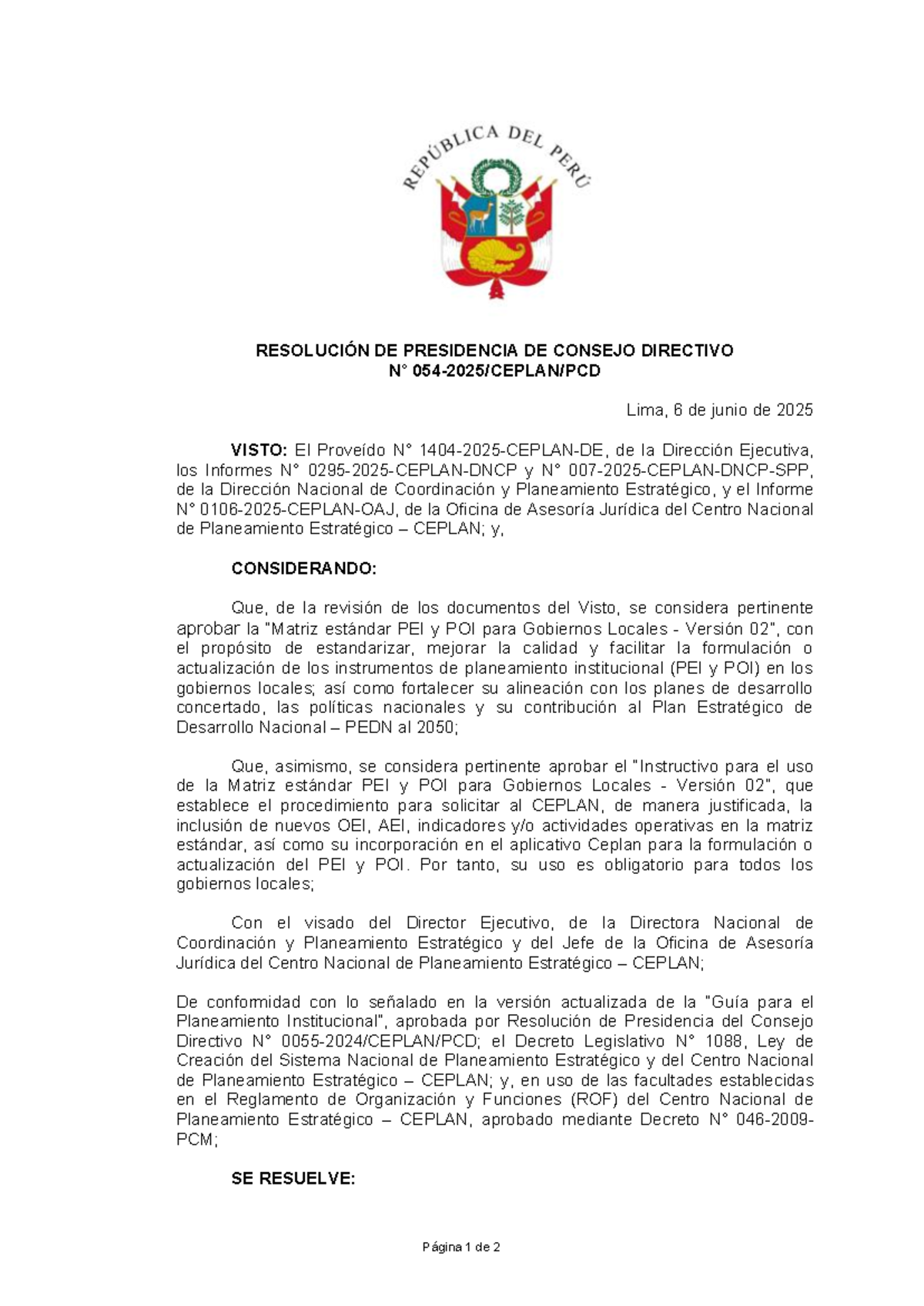 Resolución de Presidencia del Consejo Directivo - PEI y POI 2025 - Studocu