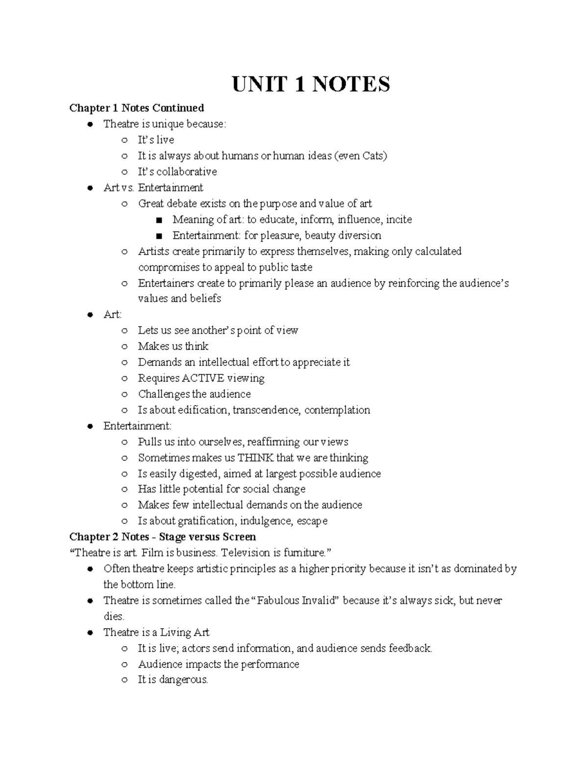 ART 101: Notes on the Art of Theatre and Live Performance - Studocu