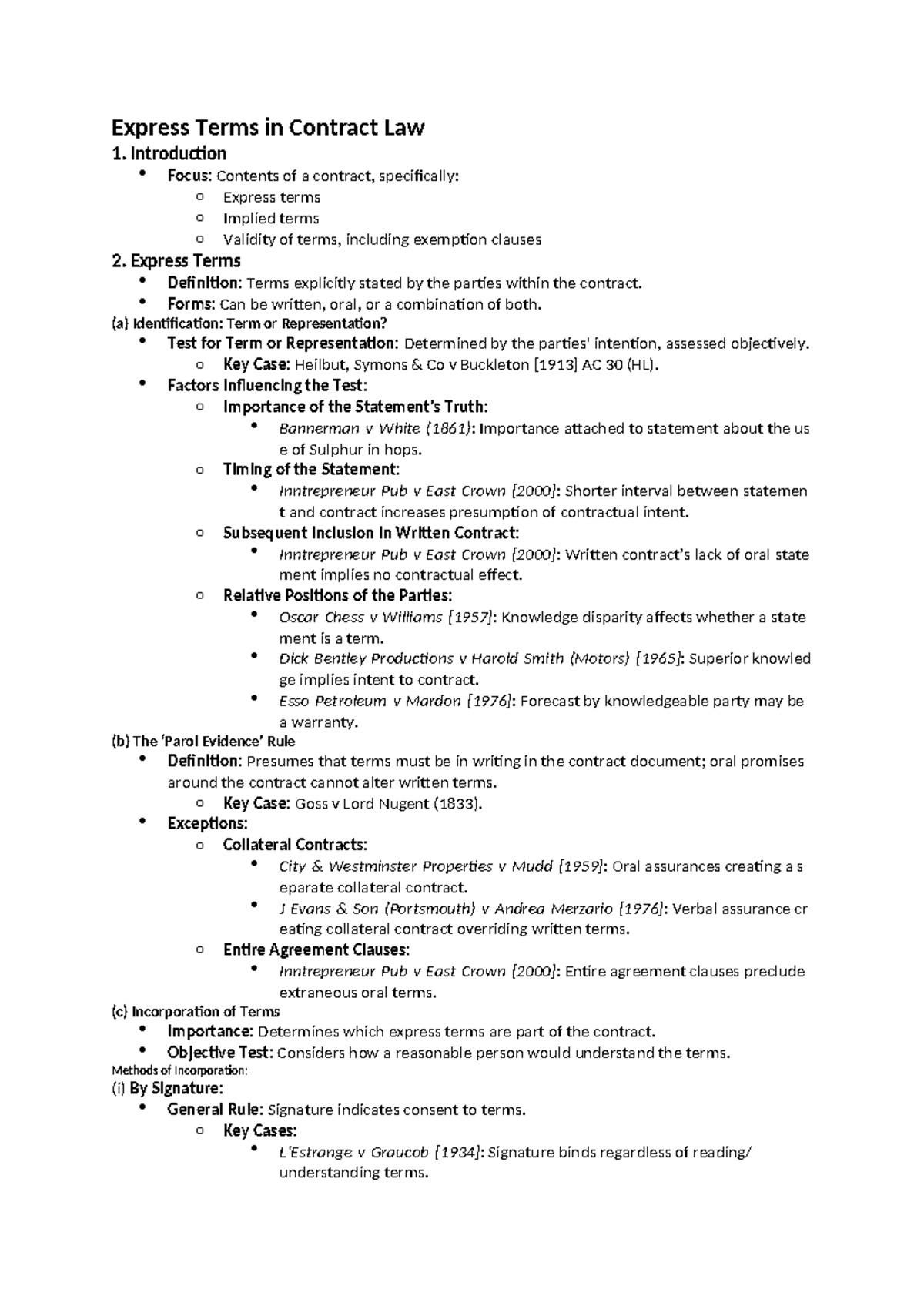 Contract Law: Express & Implied Terms Overview (LAW101) - Studocu
