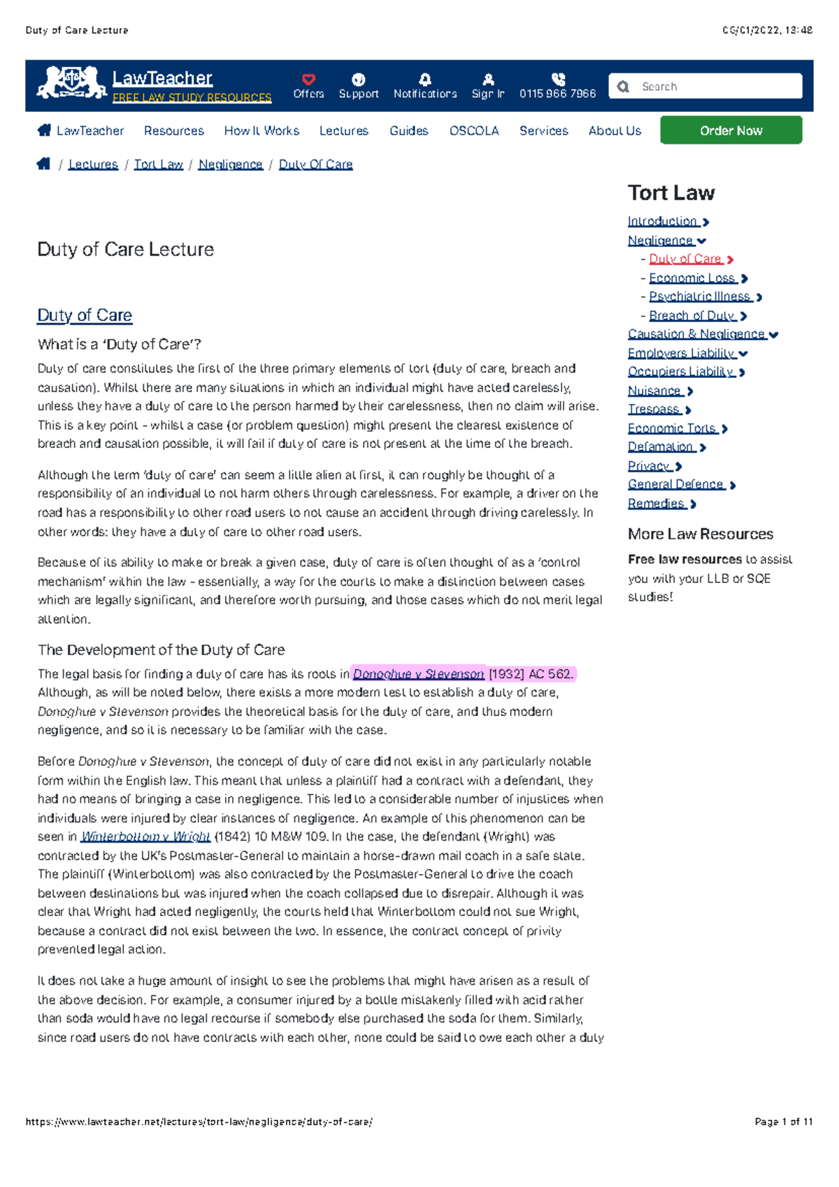 Tort Law Lecture (LT101) - Negligence: Duty of Care Overview - Studocu