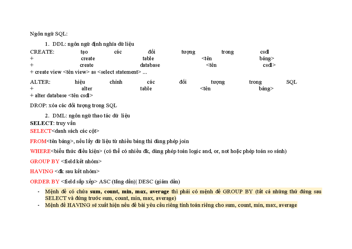 ÔN TẬP CSDL - Lệnh SQL DDL và DML cho Khóa Học - Studocu