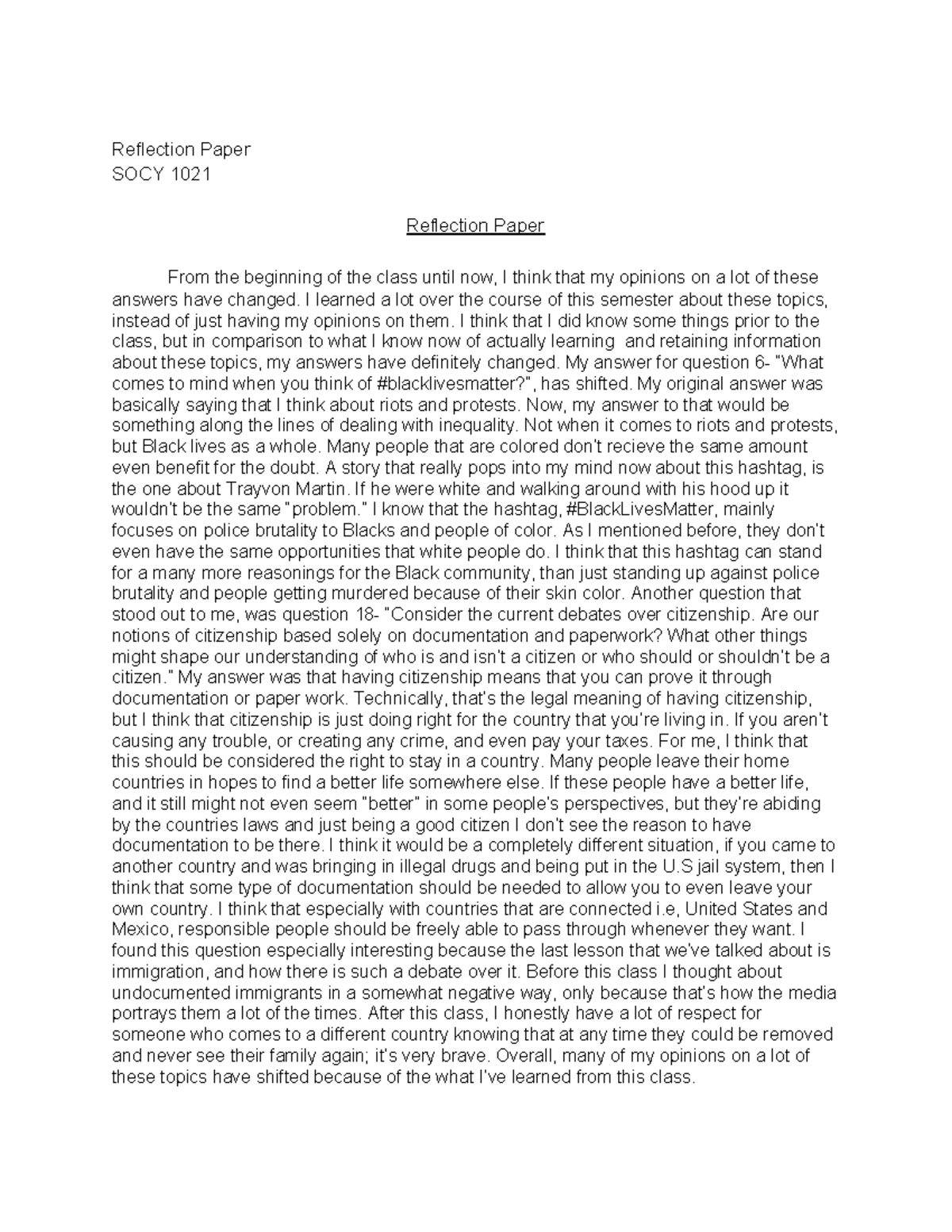 Reflection paper - Reflection Paper SOCY 1021 Reflection Paper From the ...