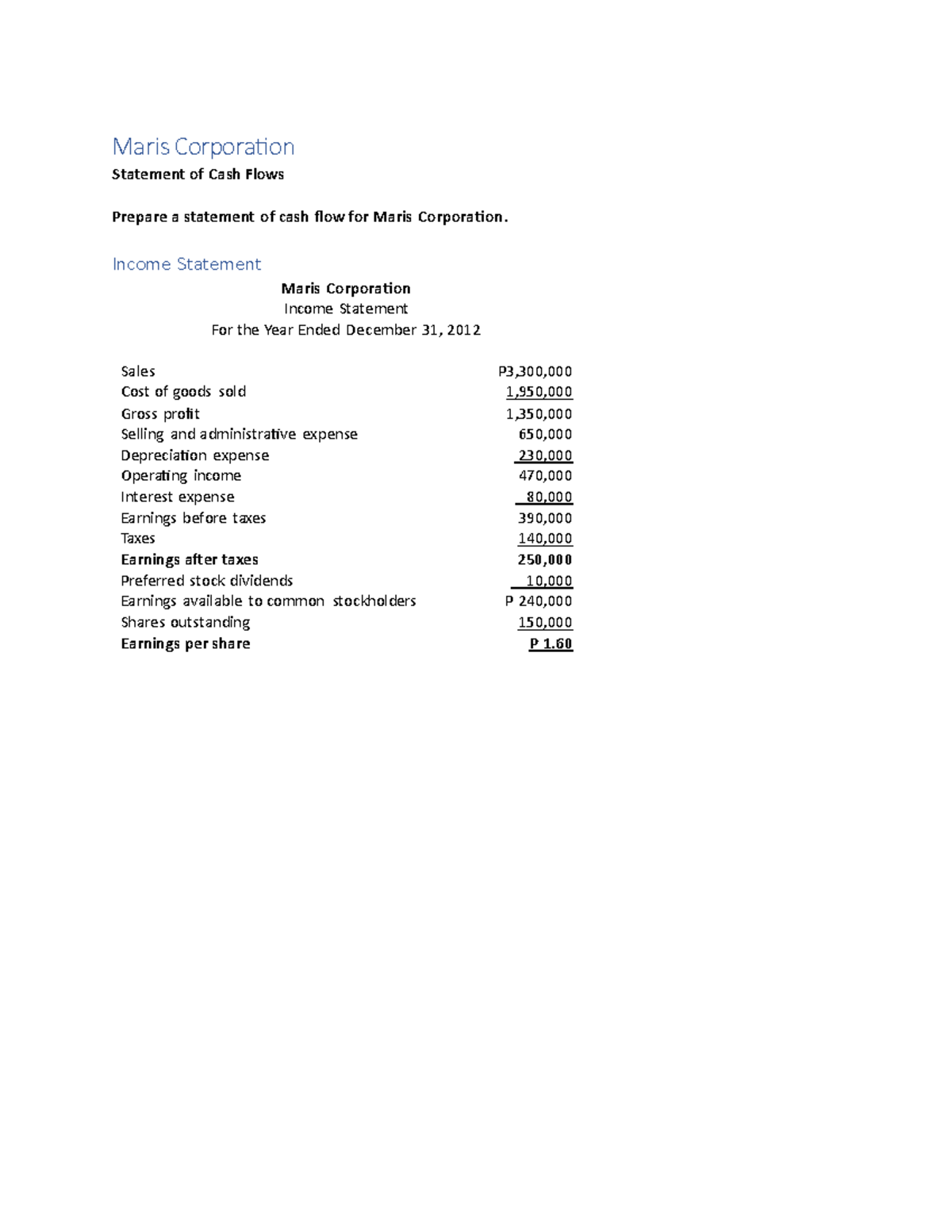 Lesson 01: Cash Flow Statement Preparation - Maris Corp - Studocu