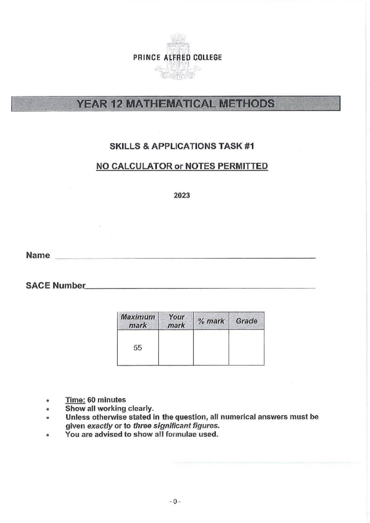 YEAR 12 MATHEMATICAL METHODS SKILLS APPLICATIONS TASK 2023 - SOLUTIONS ...
