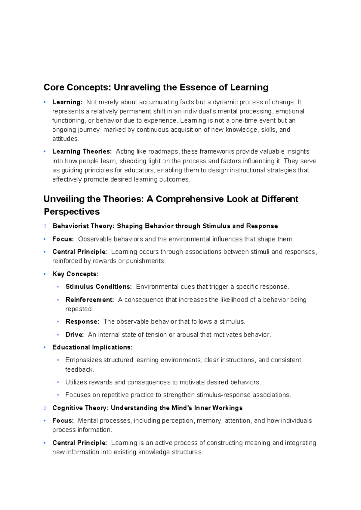 Core concepts of learning theories: A comprehensive overview - Studocu