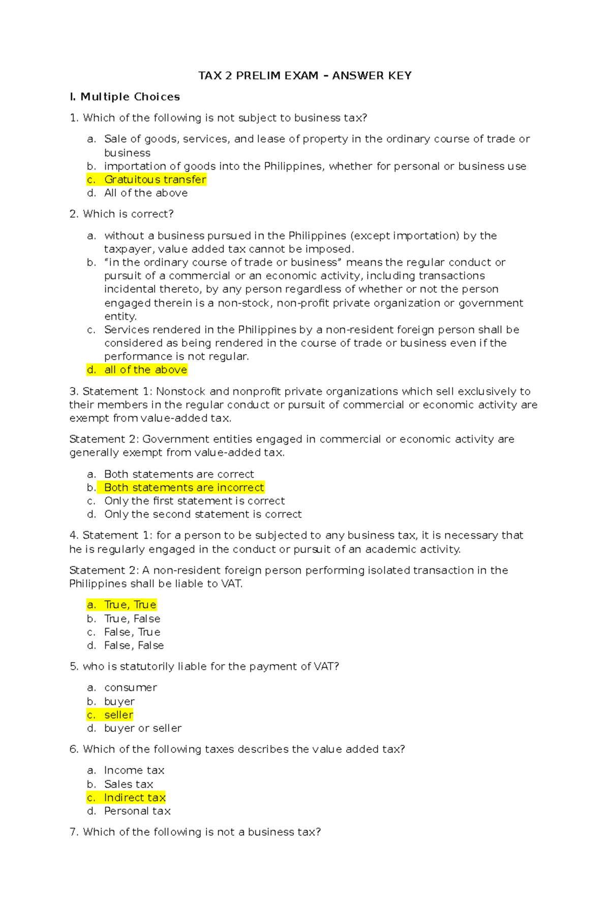 TAX 2 PRELIM EXAM ANSWER KEY: Multiple Choice Questions - Studocu