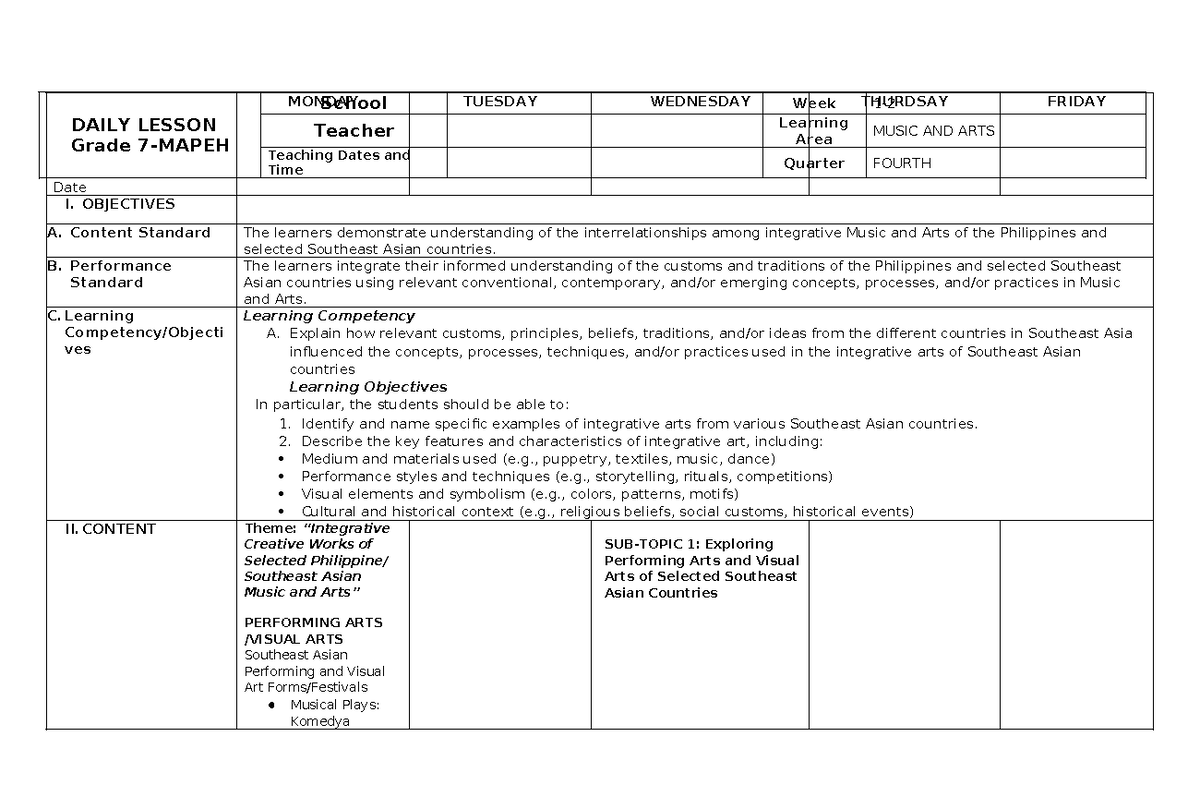 DLL MA WEEK 1-2: Daily Lesson Log on Southeast Asian Arts Integration ...