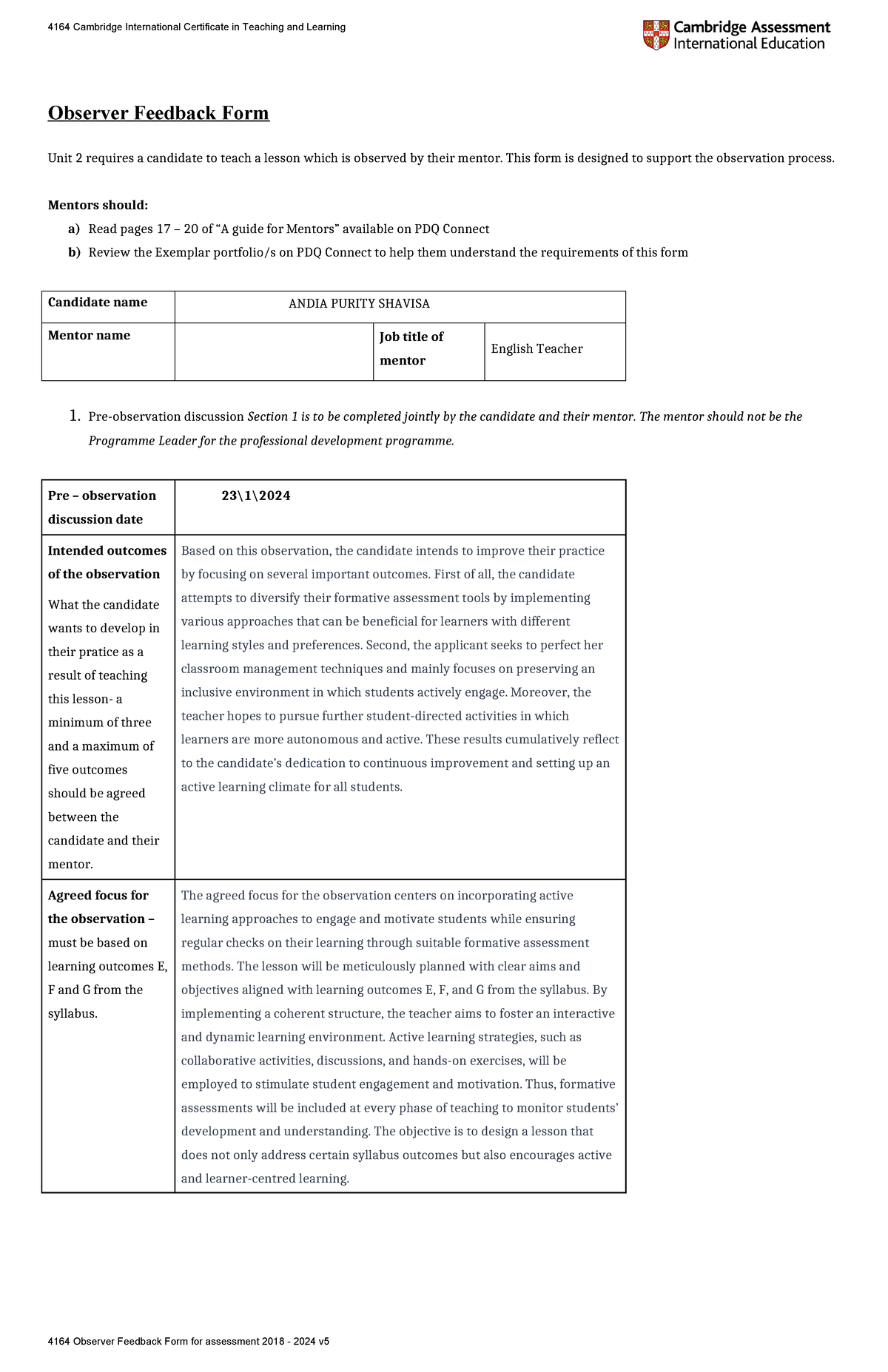 UNIT 2 Observer Feedback Form for Lesson Assessment 2018-2024 - Studocu
