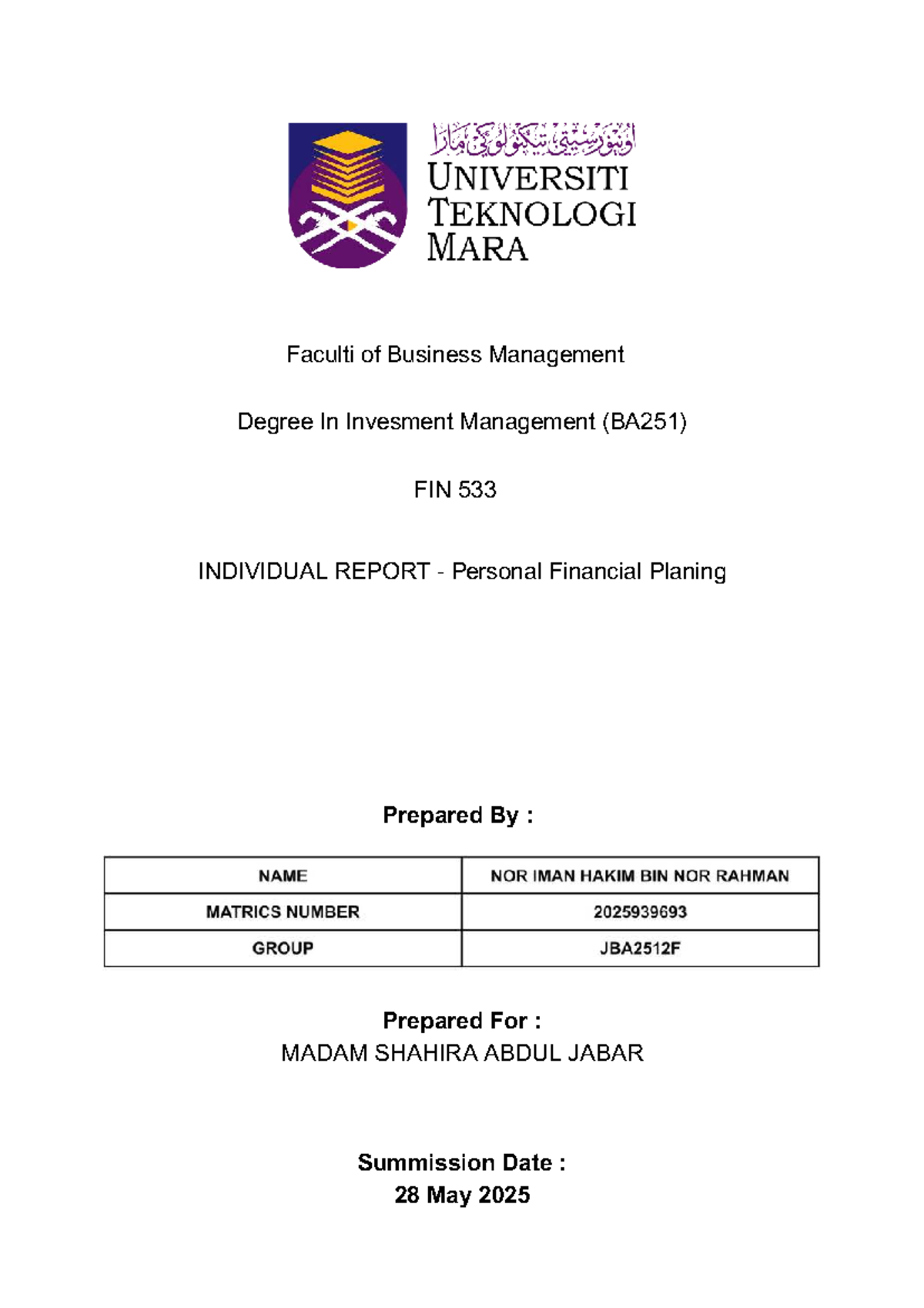 FIN 533 Report: Personal Financial Planning for the Rahman Family - Studocu