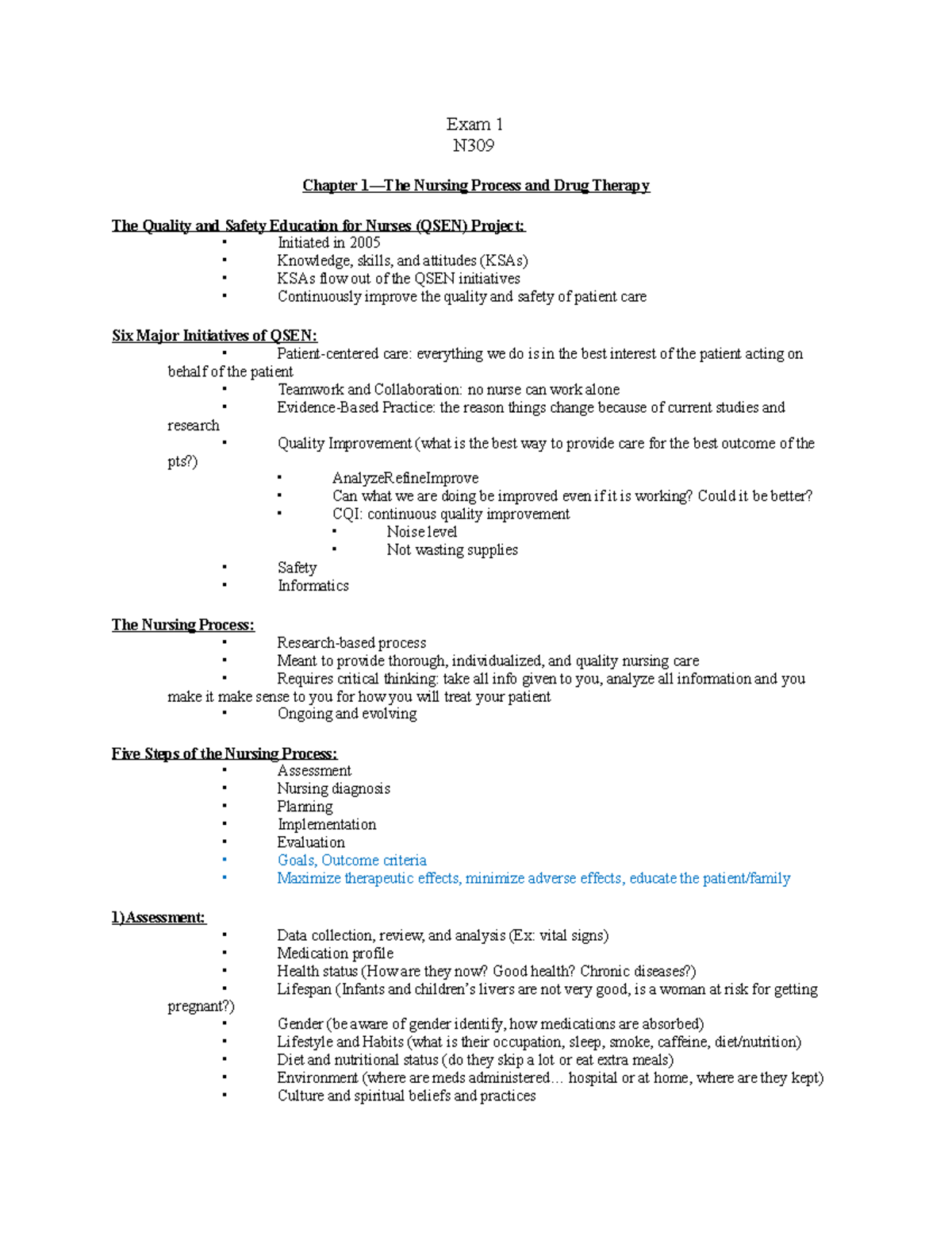 NUR 101: Exam 1 Study Notes on Nursing Process & Drug Therapy - Studocu