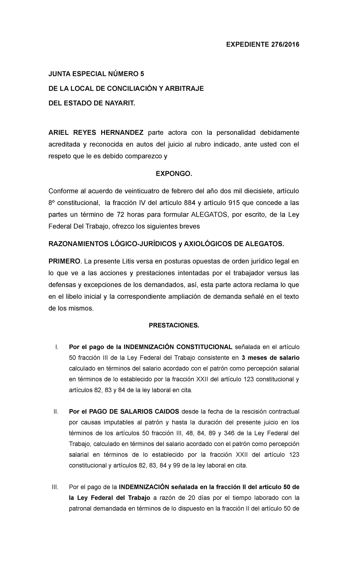 Alegatos Laborales en el Expediente 276 - Reclamos y Justificaciones - Document Preview