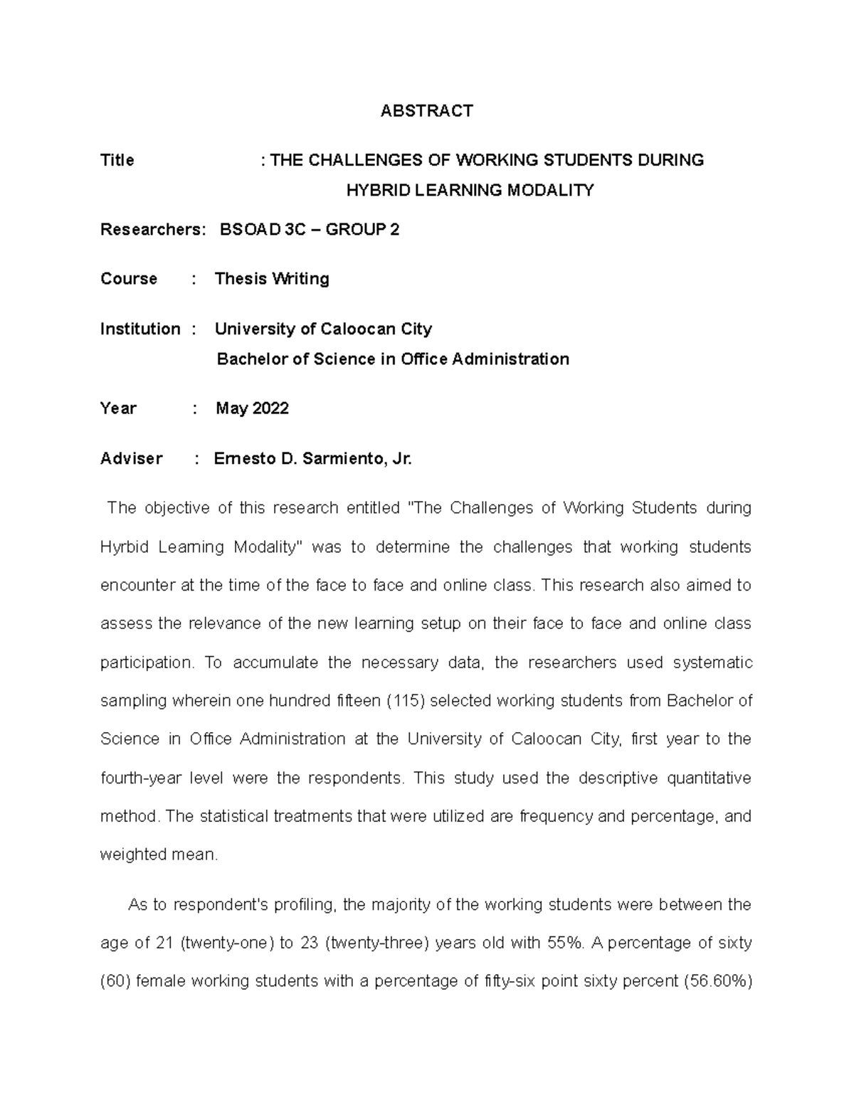 Abstract - none - ABSTRACT Title : THE CHALLENGES OF WORKING STUDENTS ...
