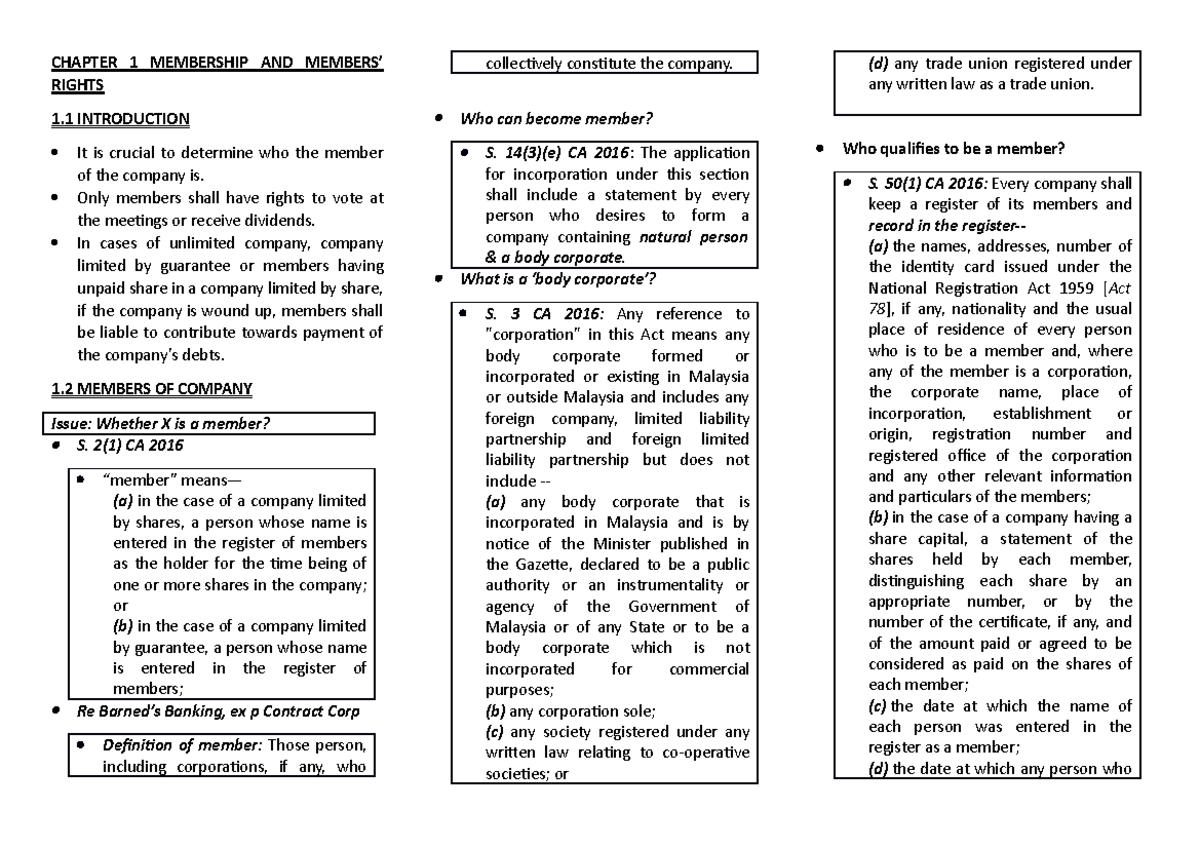Company Law CA 2016 Chapter 1 - Membership & Rights Notes - Studocu