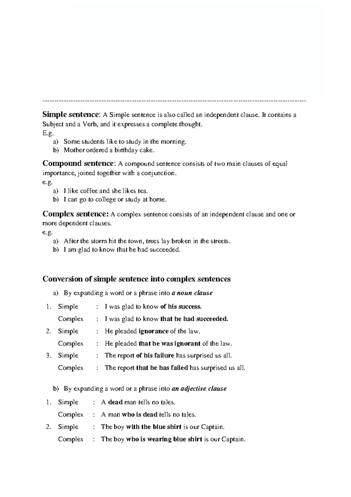 Sentence Transformation Notes: Simple, Compound, Complex Sentences ...