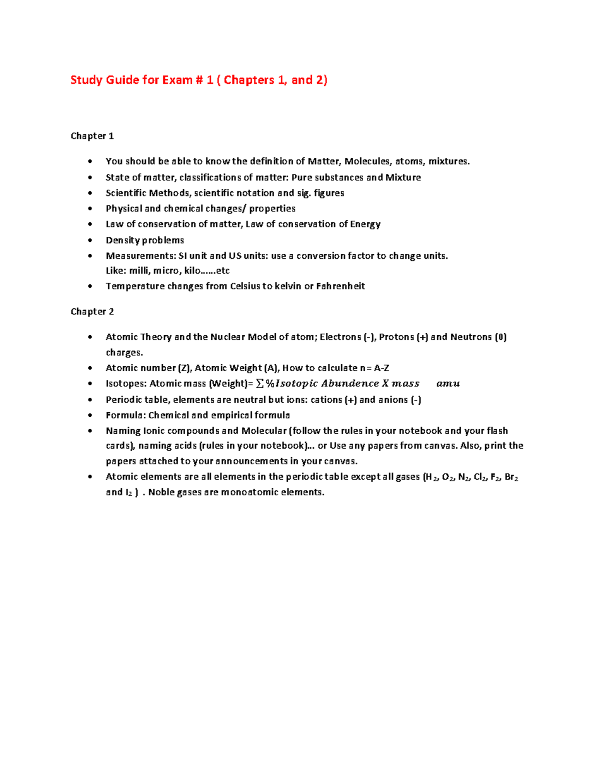 Chemistry Exam # 1 Study Guide: Chapters 1 & 2 Key Topics - Studocu