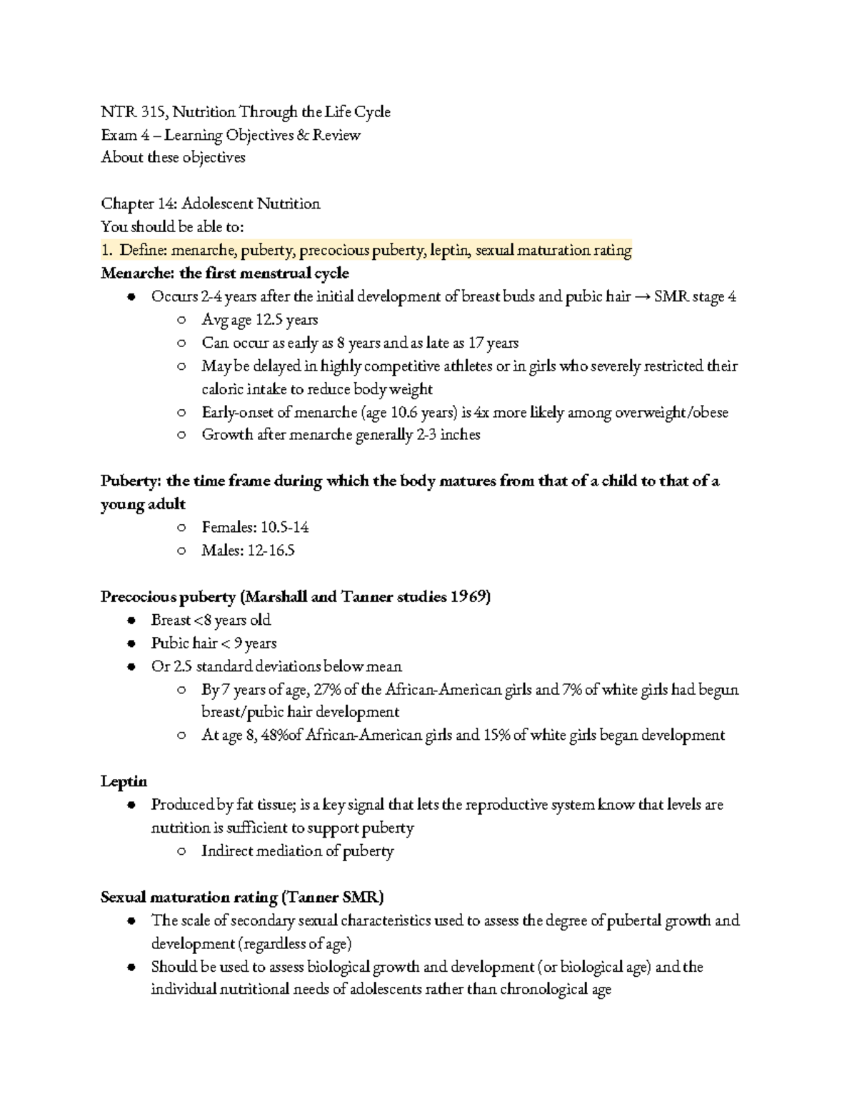 NTR 315 Exam 4 Study Guide: Key Concepts in Adolescent Nutrition - Studocu