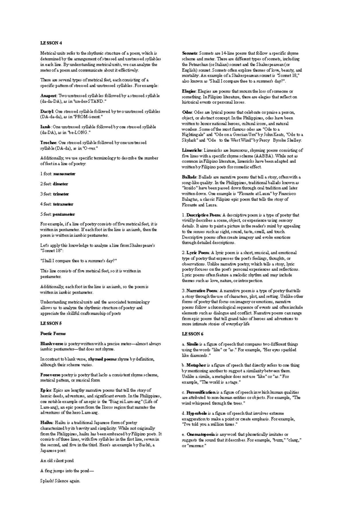 Habol Lesson 4-6: Metrical Units & Poetic Forms Overview - Studocu