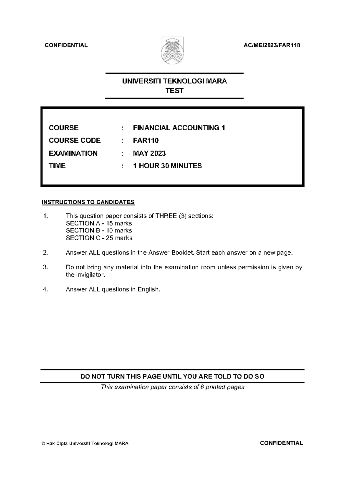 Test FAR110 Q May 2023: Financial Accounting 1 Examination Paper - Studocu