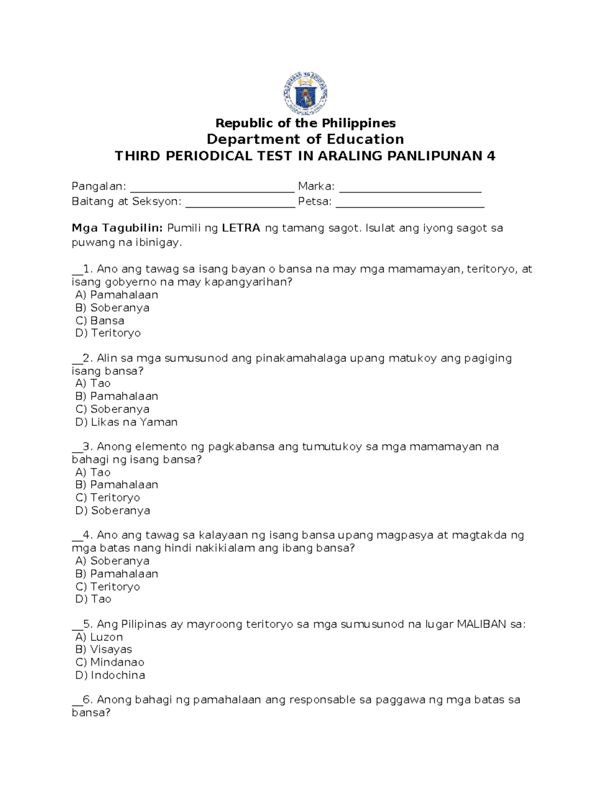 AP4 Third Periodical Test in Araling Panlipunan 4 - Studocu