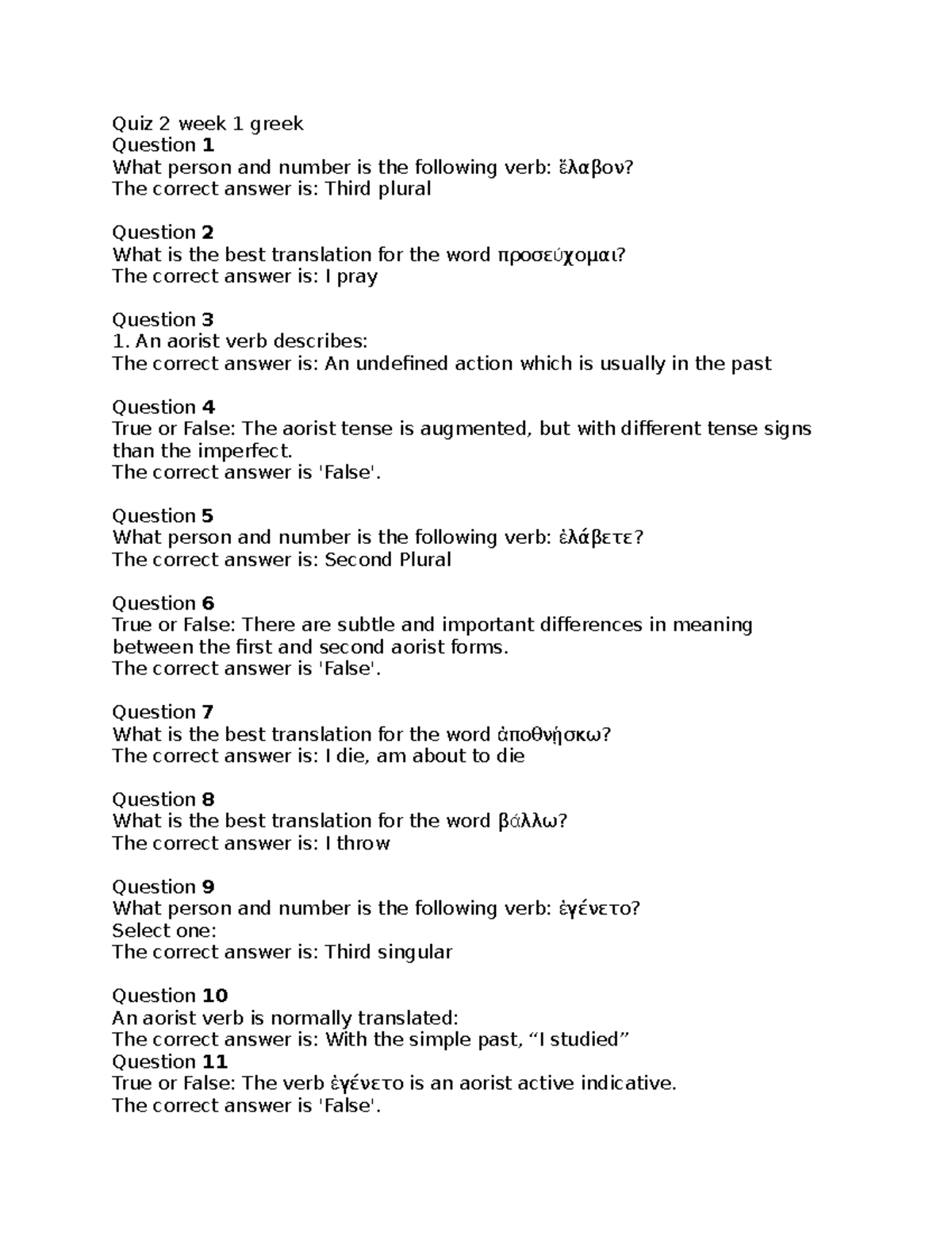 Quiz 2 Week 1 Greek Answers and Explanations - Studocu