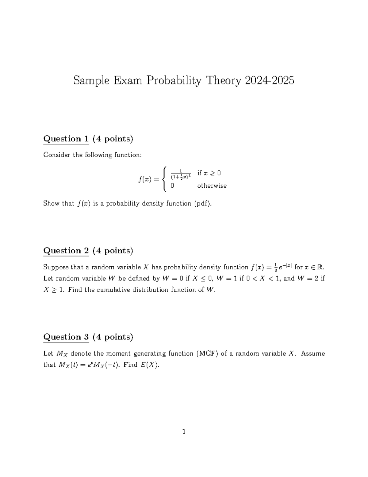 Practice Exam 2024-2025: Probability Theory Questions and Solutions ...