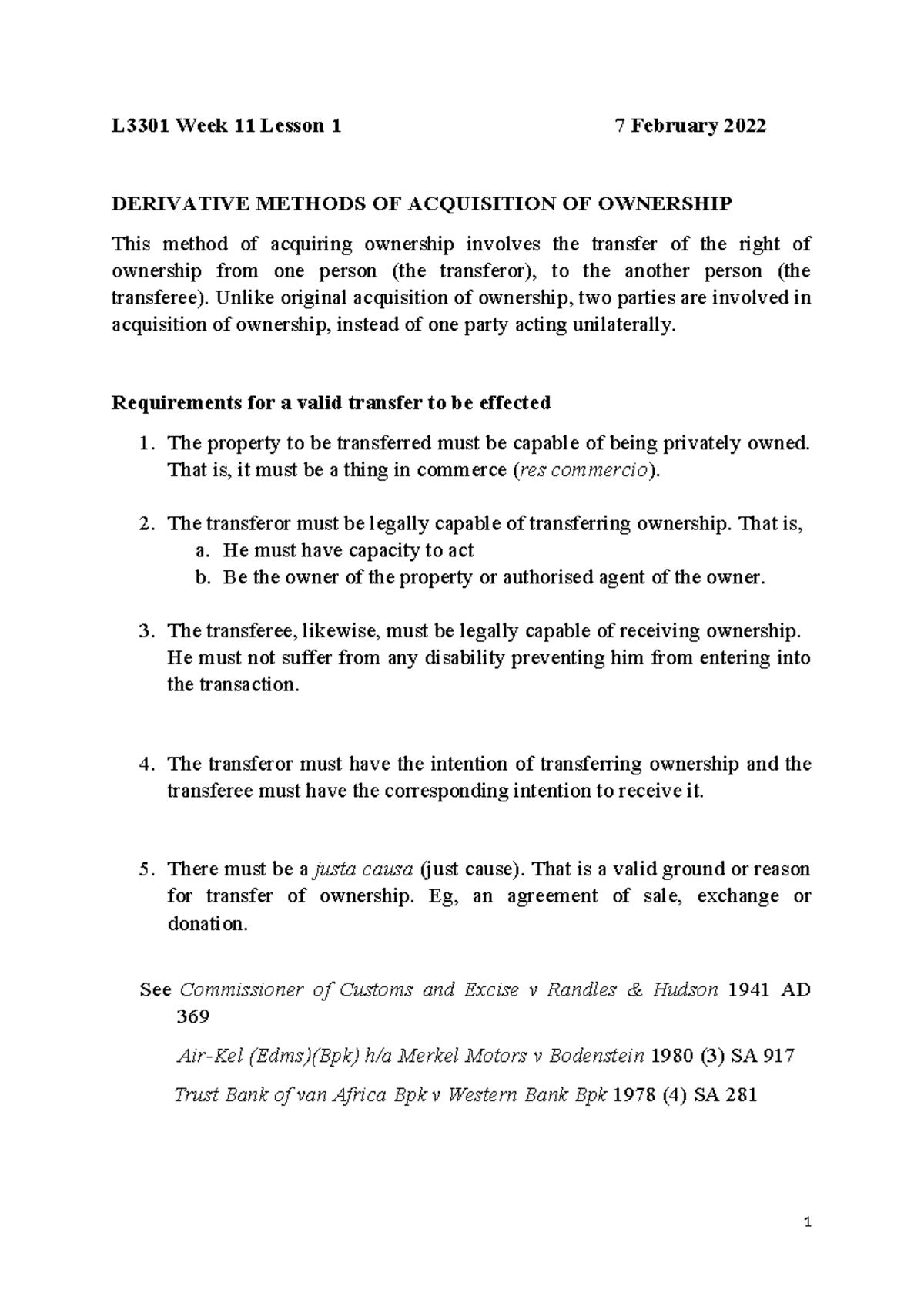 L3301 Week 11 Lesson 1 Derivative Acquisition of Ownership - Studocu