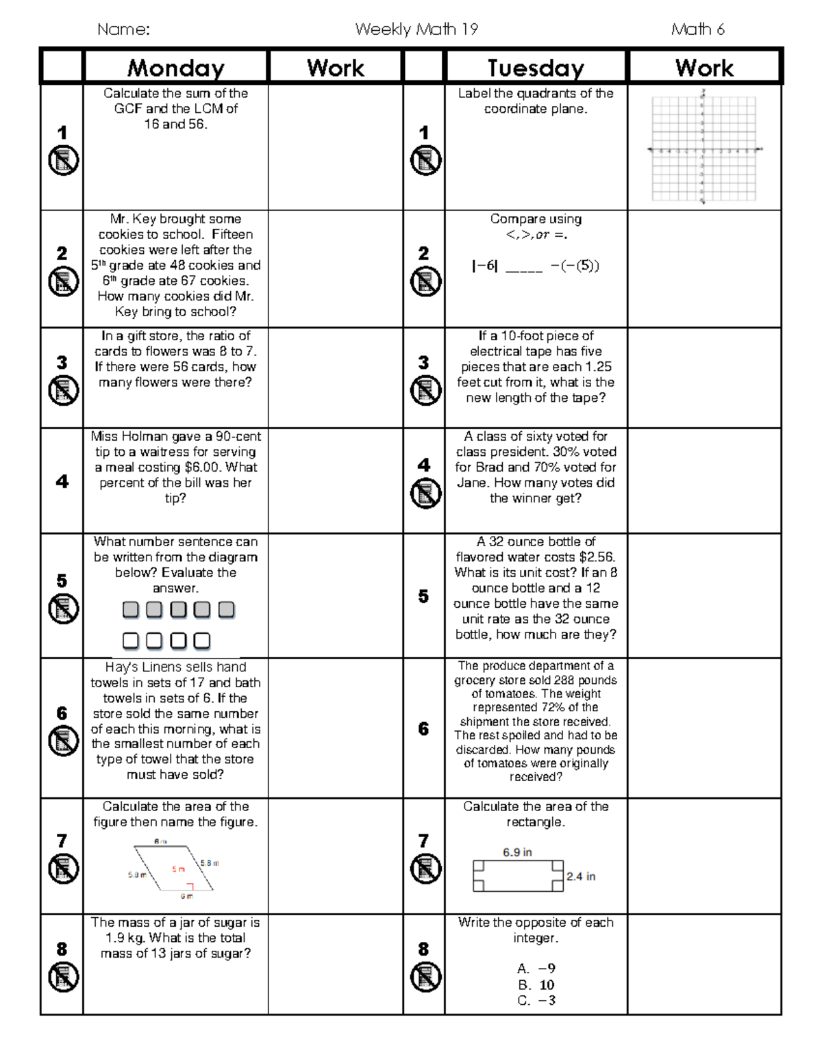 Weekly Math #19 - Name: Weekly Math 19 Math 6 Monday Work Tuesday Work ...
