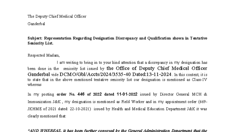 Representation on Designation Discrepancy - DCMO Ganderbal - Studocu