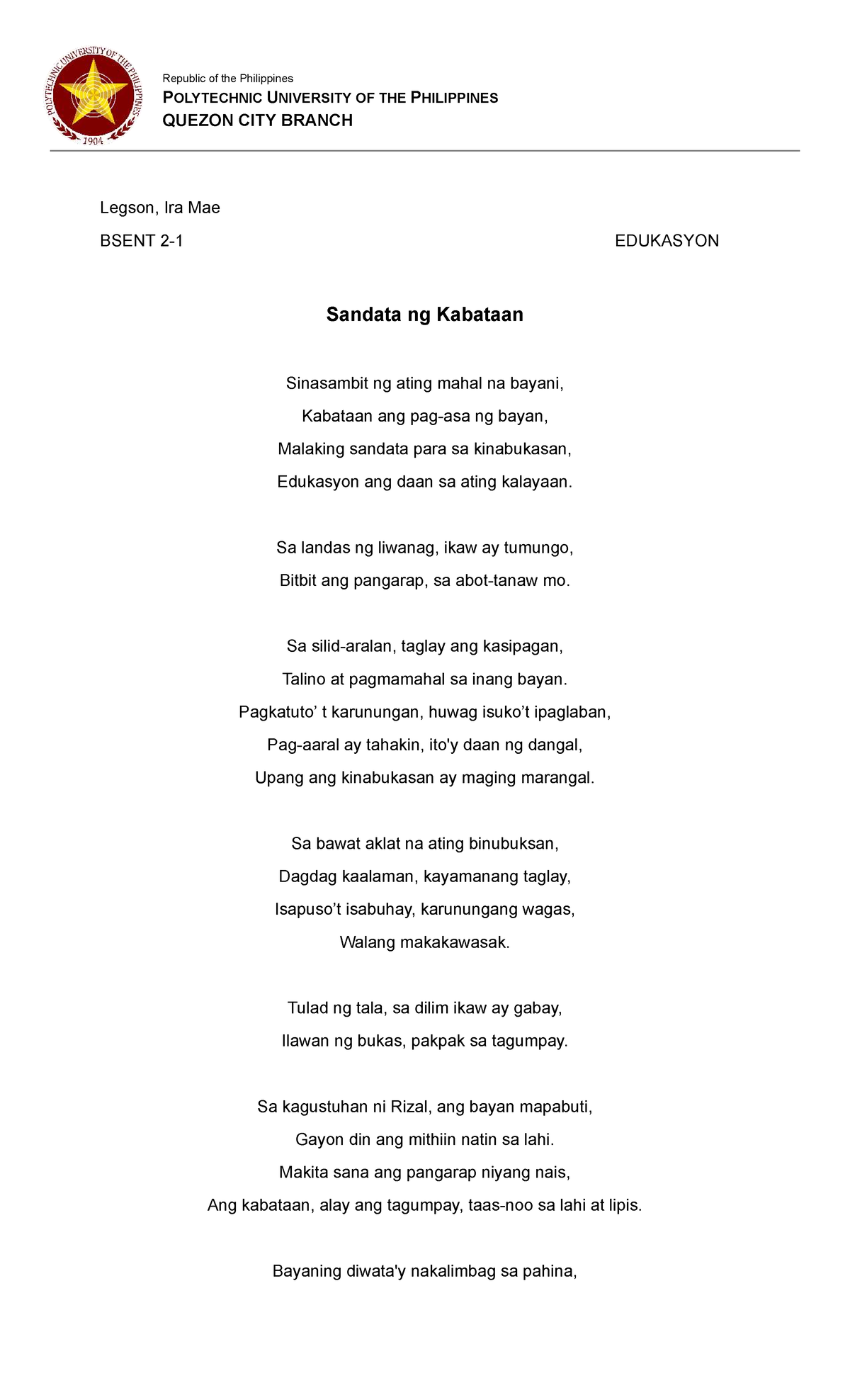 Edukasyon: Sandata ng Kabataan - BSENT Final Essay Notes - Studocu