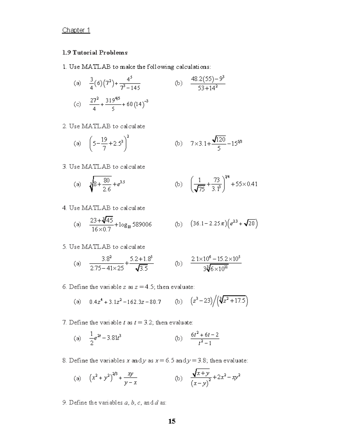 MATLAB Tutorial Problems: Chapter 1.9 Calculations and Evaluations ...