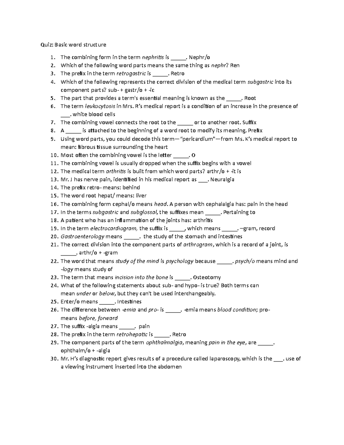 Quiz: Basic Word Structure in Health Assessment - Studocu