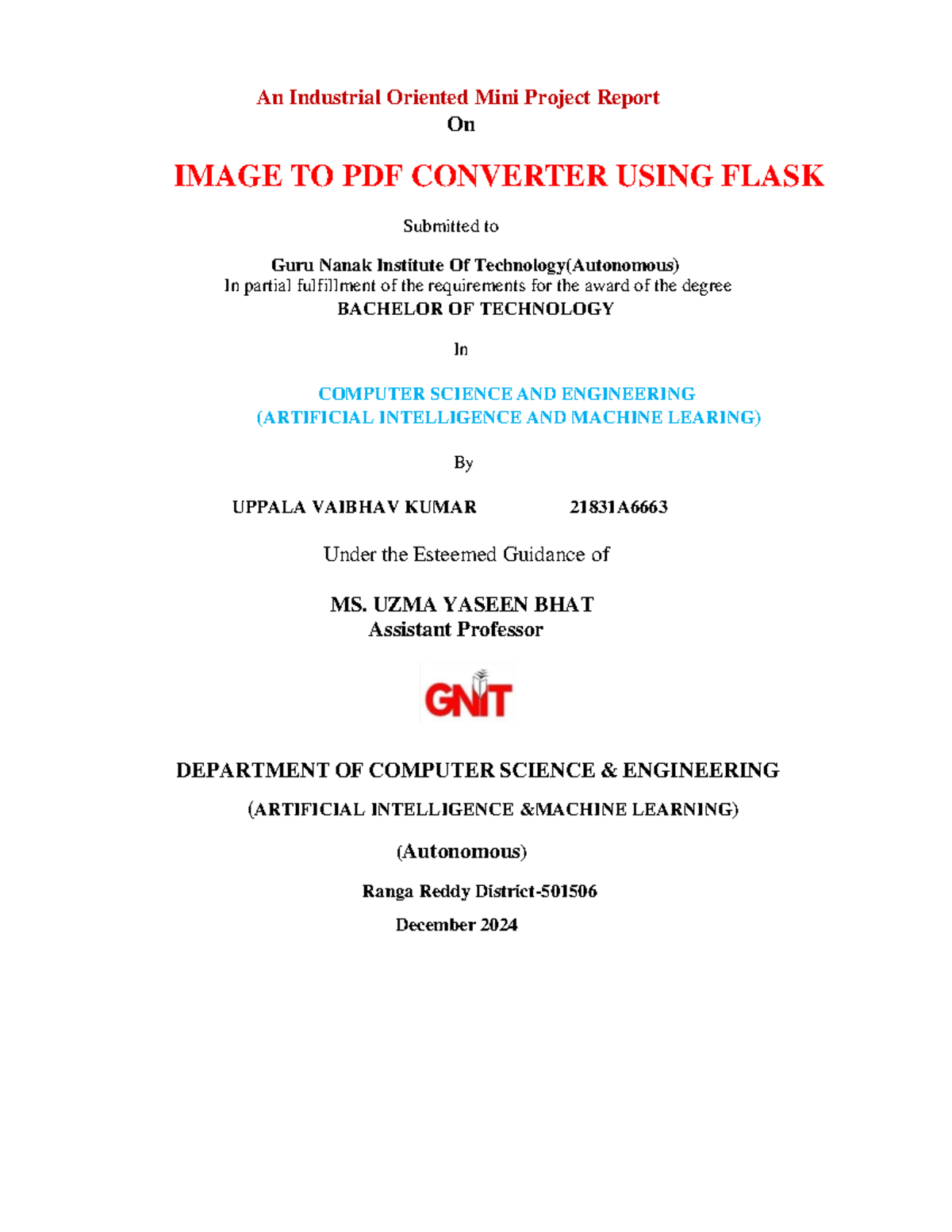Image to PDF Converter Mini Project Report (CSE AI & ML - 21831A6663 ...