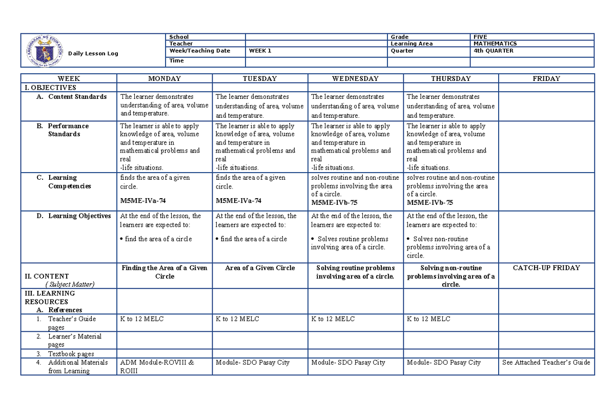 DAILY LESSON LOG - School Teacher Date Daily Lesson Log Grade Learning ...