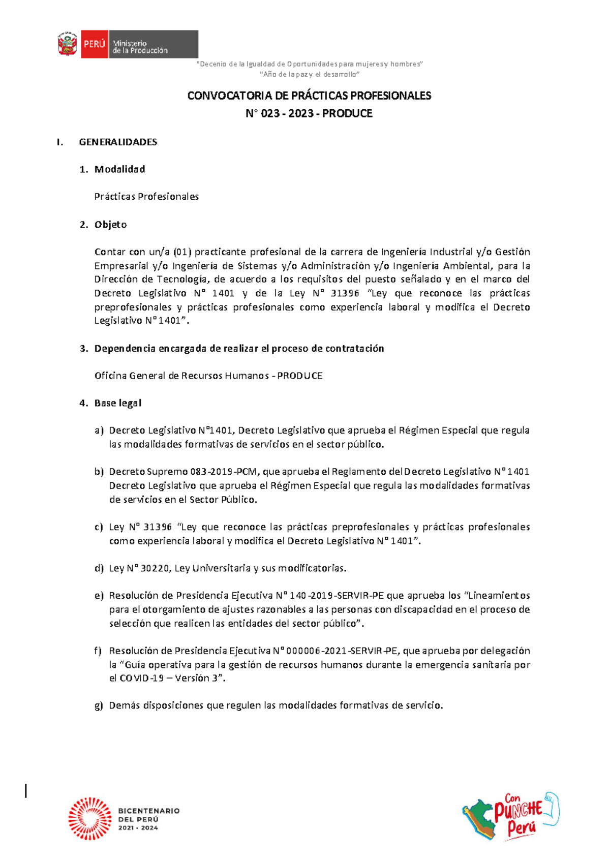 Convocatoria de Prácticas Profesionales 023-2023 en PRODUCE - Studocu