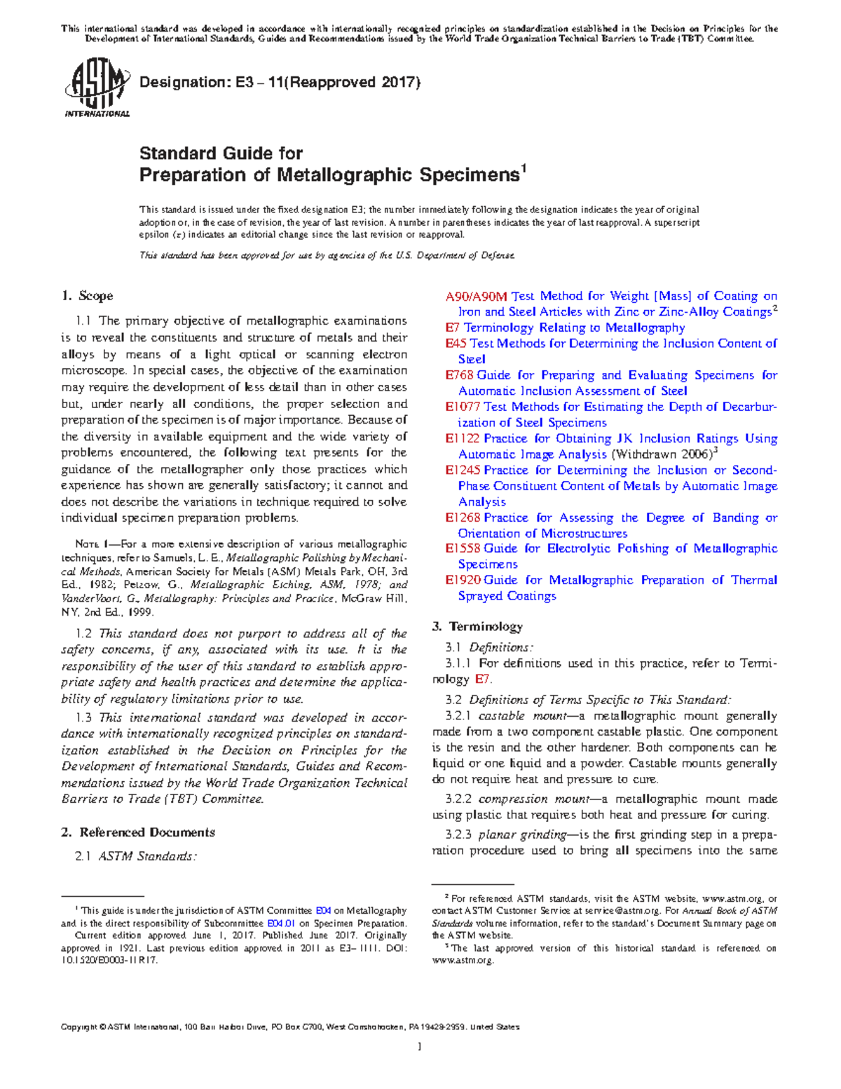 E3 11(2017) Standard Guide for Metallographic Specimen Prep - Studocu