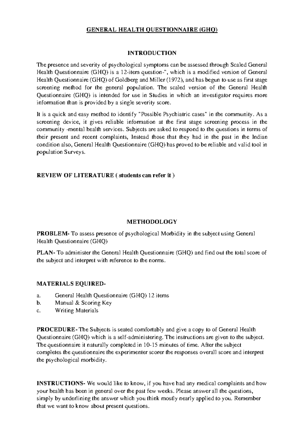 12-Item GHQ Methodology for Assessing Psychological Morbidity - Studocu
