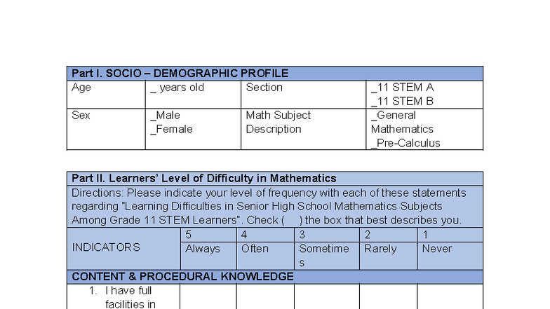Research Instrument for Grade 11 STEM Math Difficulty Assessment - Studocu