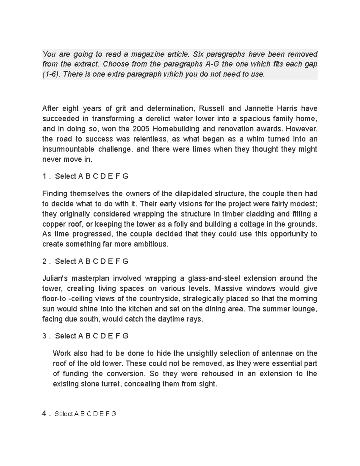 Renovating the Lymm Water Tower: Paragraph G Selection Guide - Studocu