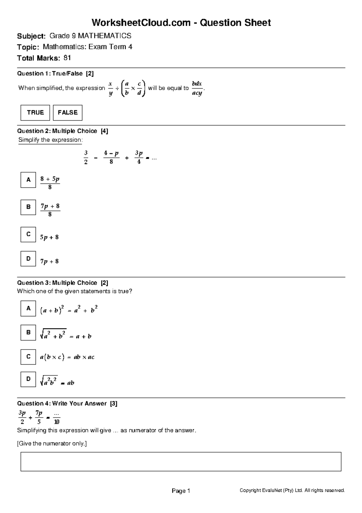 G9 MATHEMATICS Term 4 Exam Question Sheet Summary - Studocu