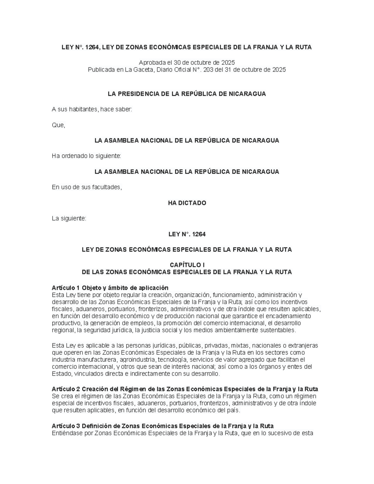LEY Nº. 1264: Zonas Económicas Especiales de la Franja y la Ruta - Studocu