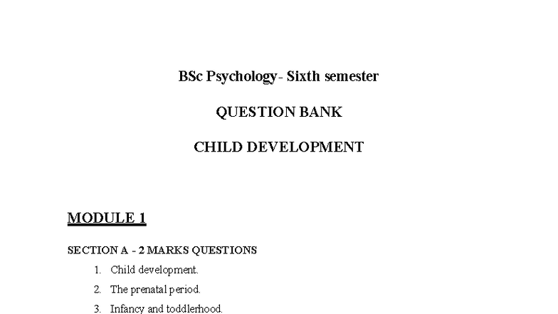 BSc Child Development Question Bank: Modules 1-6 Overview - Studocu