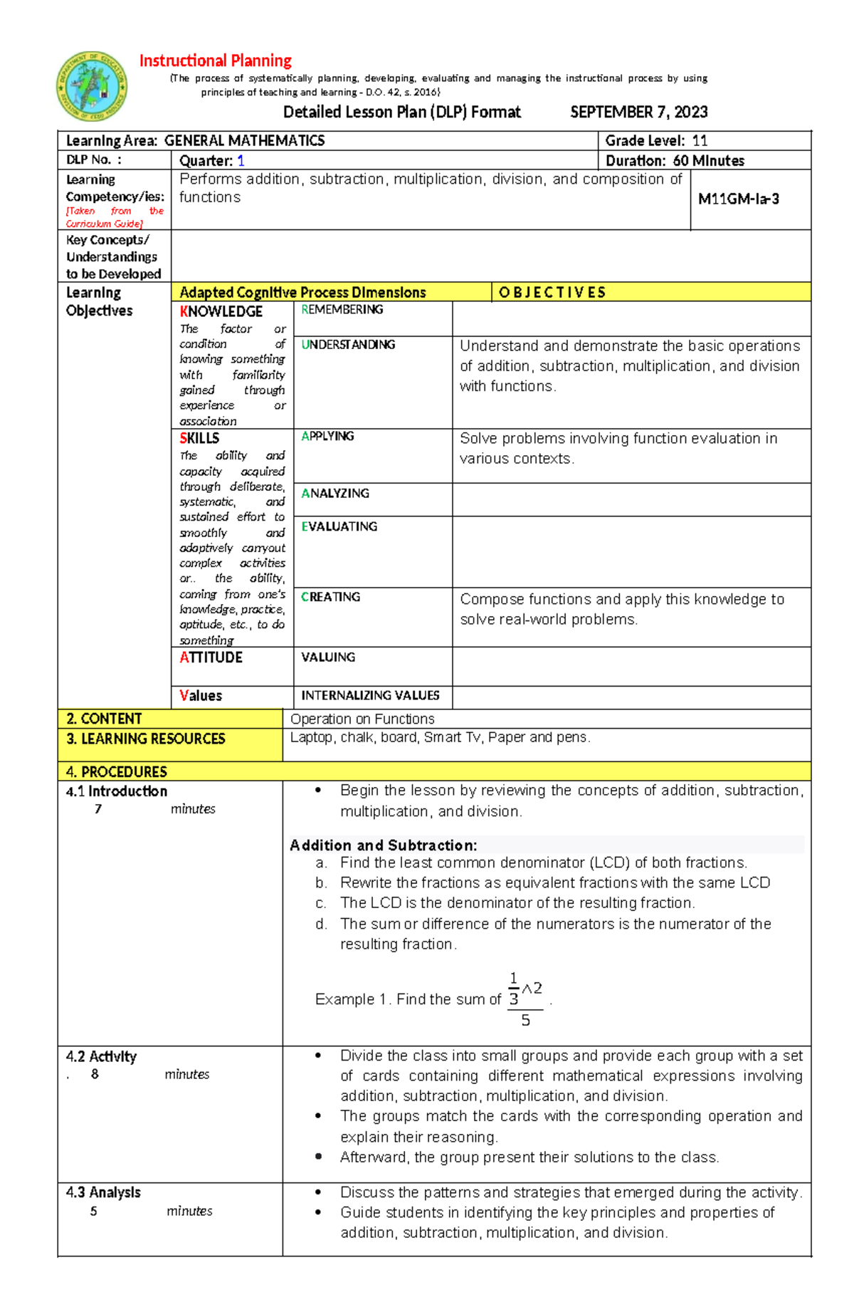 DLP - 3: Lesson Objectives and Strategies for General Mathematics - Studocu