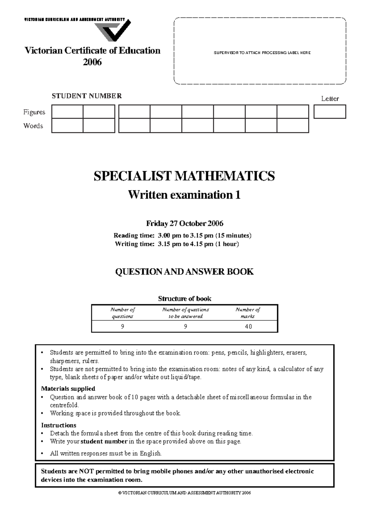 2006 SPECMATH Written Exam 1: Question & Answer Book - Studocu