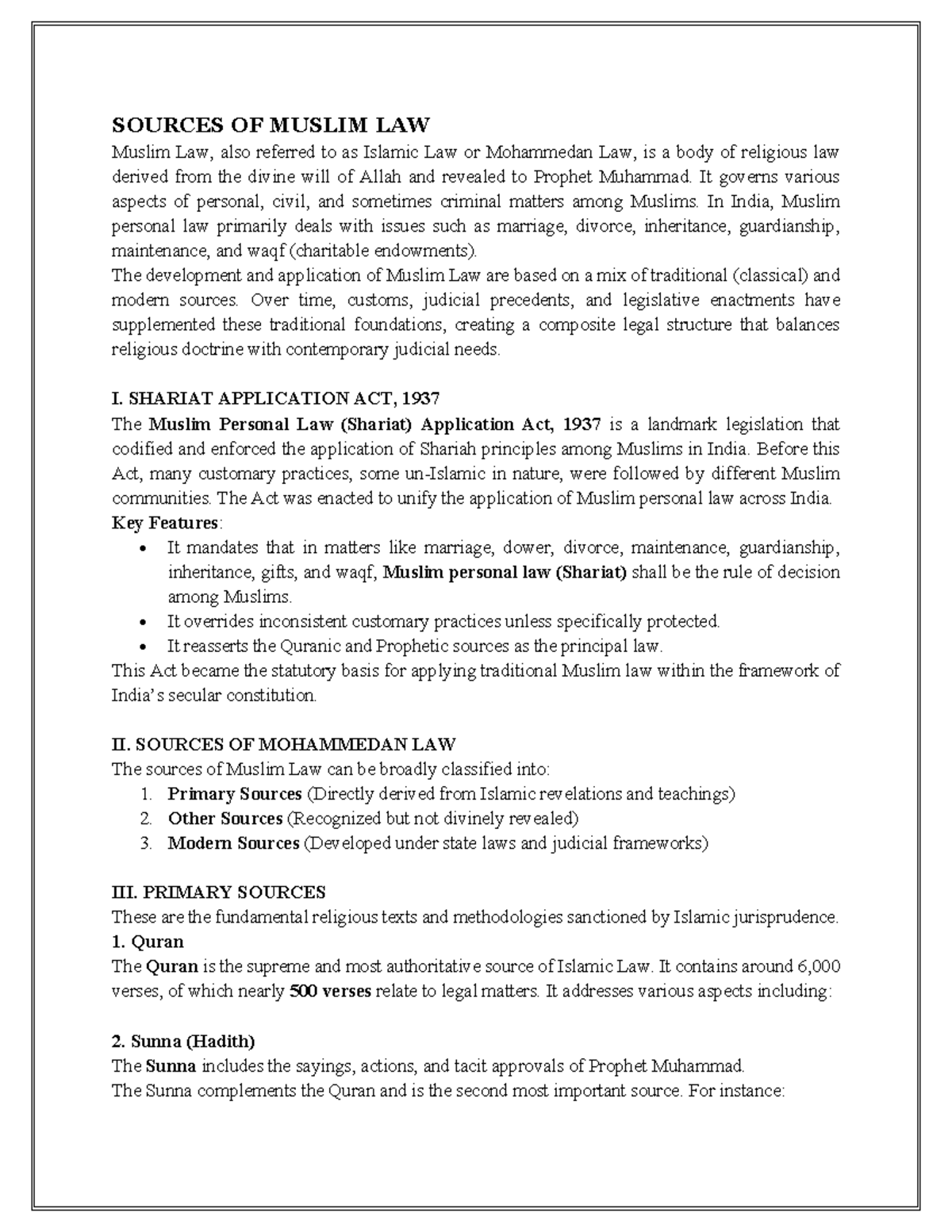 Family Law - Module 1 - SEM 6: Sources of Muslim Law - Studocu