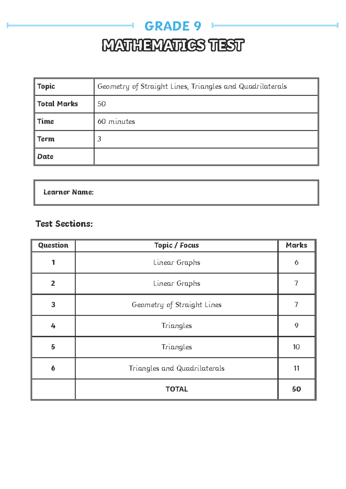 GRADE 9 MATHEMATICS TEST Term 3: Geometry of Lines, Triangles ...